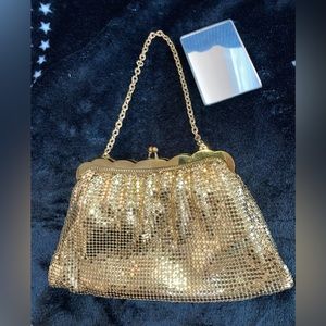 Gold tone metallic evening clutch purse with metal strap